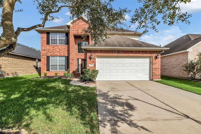 3502 Avalon Spring Ln, Spring, TX 77386 - traditional-style home with concrete driveway, a front lawn, an attached garage, and brick siding