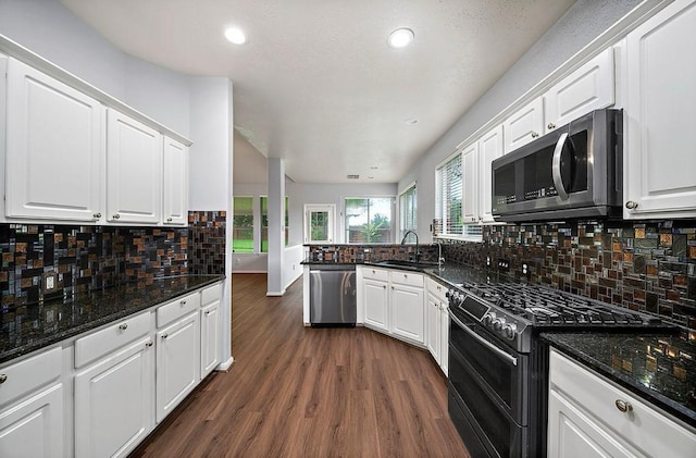 1123 Woodley Bnd, Sugar Land, TX 77479 - kitchen with stainless steel appliances, recessed lighting, dark wood finished floors, white cabinetry, and tasteful backsplash