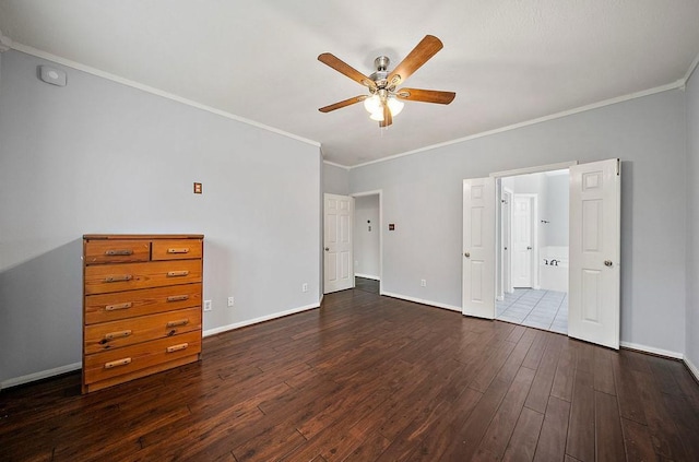 1123 Woodley Bnd, Sugar Land, TX 77479 - unfurnished bedroom with dark wood finished floors, ornamental molding, and ceiling fan