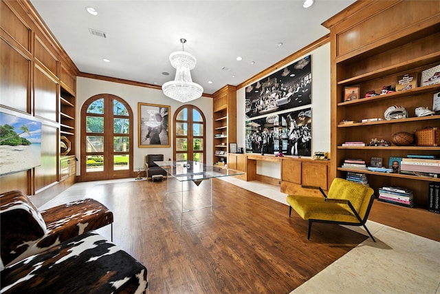 701 W Friar Tuck Ln, Houston, TX 77024 - office featuring built in features, crown molding, recessed lighting, a chandelier, and french doors