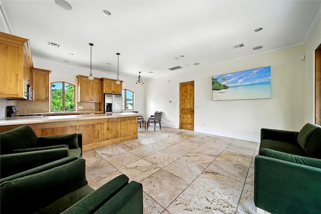 701 W Friar Tuck Ln, Houston, TX 77024 - living area featuring crown molding, recessed lighting, and stone tile flooring