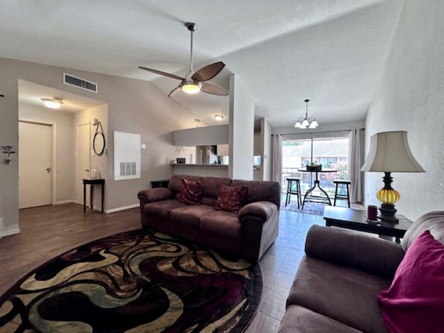 2211 S Kirkwood Rd Unit 35, Houston, TX 77077 - living area featuring a chandelier, vaulted ceiling, ceiling fan, and wood finished floors