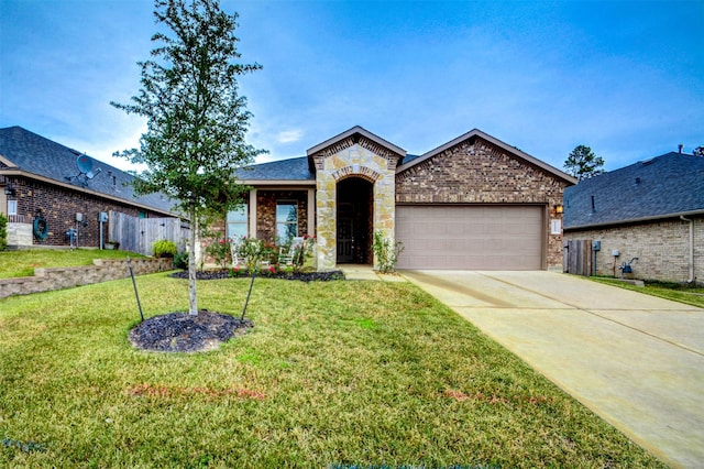 12223 Antilles Ln, Conroe, TX 77304 - french country home featuring brick siding, a garage, concrete driveway, and stone siding