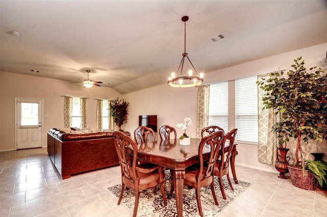 12223 Antilles Ln, Conroe, TX 77304 - dining room featuring a chandelier, light tile patterned flooring, a ceiling fan, and lofted ceiling