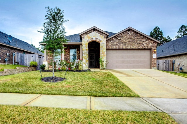12223 Antilles Ln, Conroe, TX 77304 - french country home with brick siding, a garage, driveway, and stone siding