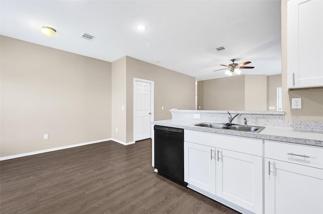 638 E Fairway Lake Dr, Alvin, TX 77511 - kitchen featuring dark wood-type flooring, ceiling fan, white cabinets, black dishwasher, and a peninsula