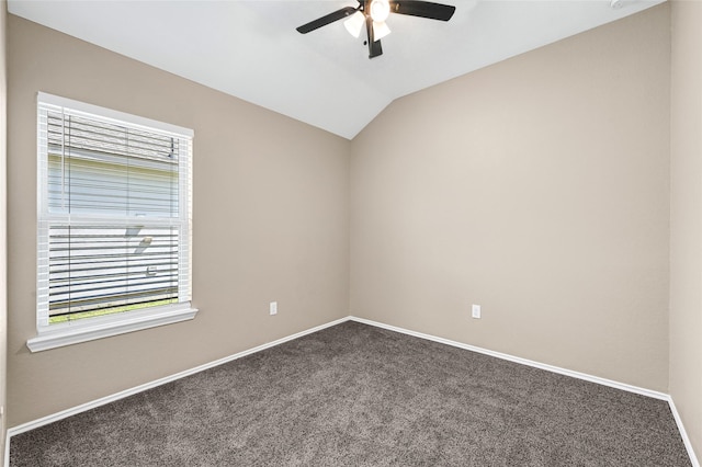 638 E Fairway Lake Dr, Alvin, TX 77511 - empty room featuring ceiling fan, dark carpet, and lofted ceiling