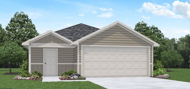 23748 Patchouli Terrace Dr, Splendora, TX 77372 - view of front of house with driveway, a front lawn, an attached garage, board and batten siding, and a shingled roof