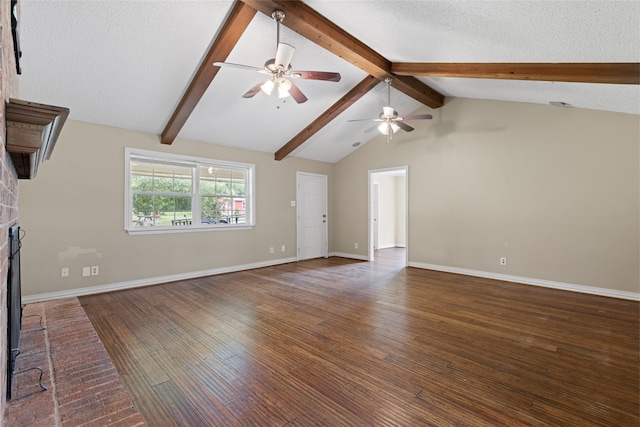 27093 Frye Rd, Splendora, TX 77372 - unfurnished living room with a ceiling fan, a brick fireplace, wood finished floors, and a textured ceiling