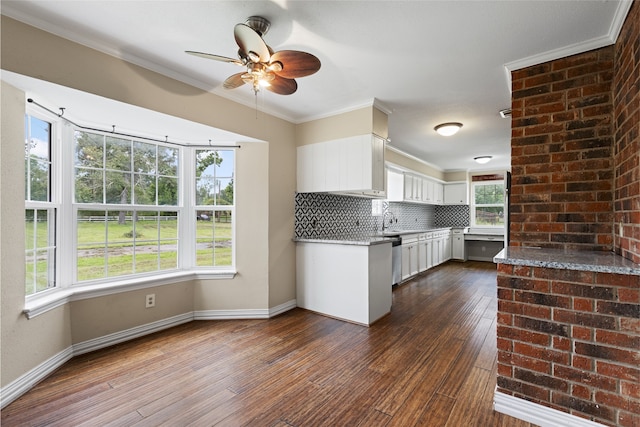 27093 Frye Rd, Splendora, TX 77372 - kitchen with ceiling fan, white cabinetry, crown molding, decorative backsplash, and dark wood finished floors