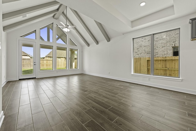 16738 Yaklin Meadow Ct, Humble, TX 77346 - unfurnished living room with ceiling fan, dark wood-style flooring, and recessed lighting