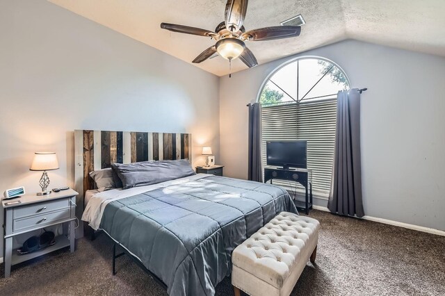 16307 Mango Ridge Ct, Humble, TX 77396 - bedroom with vaulted ceiling, carpet, ceiling fan, and a textured ceiling