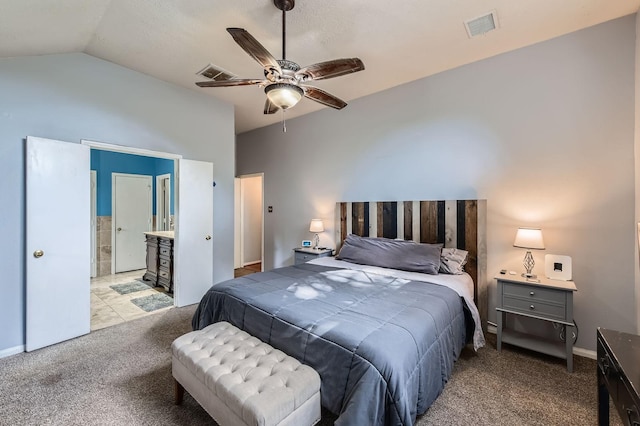 16307 Mango Ridge Ct, Humble, TX 77396 - bedroom with lofted ceiling, light colored carpet, connected bathroom, and a ceiling fan