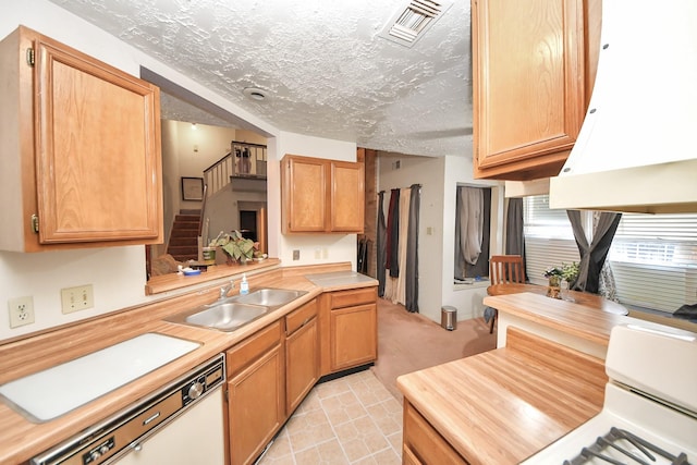 15147 Sheffield Ter, Channelview, TX 77530 - kitchen featuring range hood, light countertops, white dishwasher, stove, and light colored carpet
