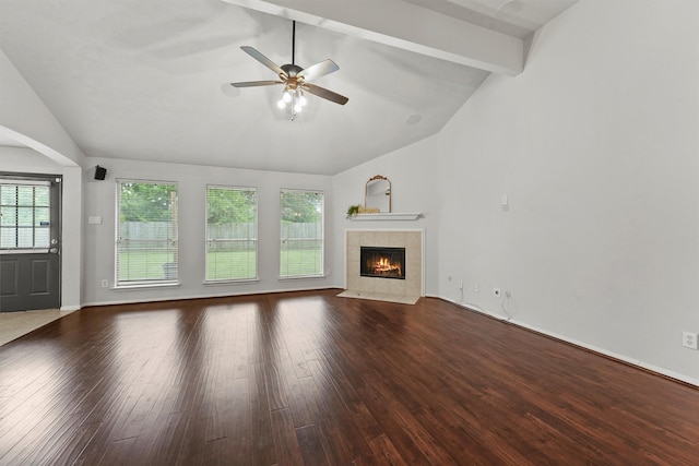 21327 Hadrian Dr, Katy, TX 77449 - unfurnished living room with a tile fireplace, wood finished floors, and ceiling fan