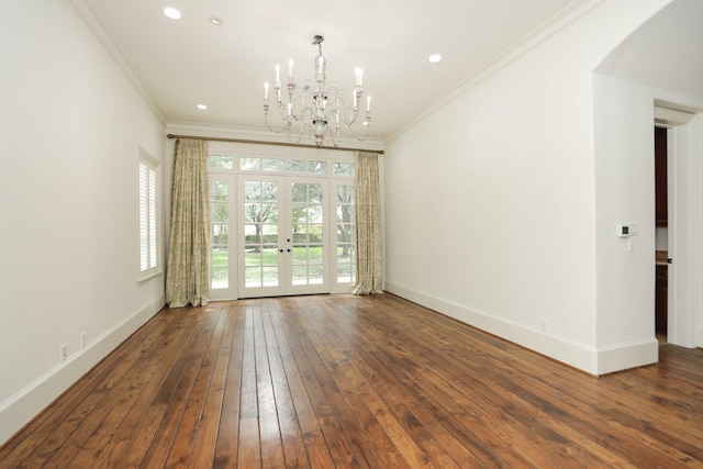 764 Kuhlman Rd, Hunters Creek Village, TX 77024 - spare room with ornamental molding, a chandelier, french doors, dark wood-style floors, and recessed lighting
