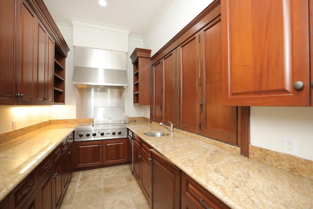764 Kuhlman Rd, Hunters Creek Village, TX 77024 - kitchen featuring open shelves, wall chimney range hood, light stone finish flooring, ornamental molding, and light stone countertops