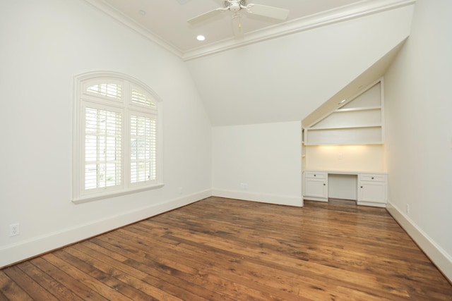 764 Kuhlman Rd, Hunters Creek Village, TX 77024 - additional living space with vaulted ceiling, hardwood / wood-style flooring, ceiling fan, and built in desk