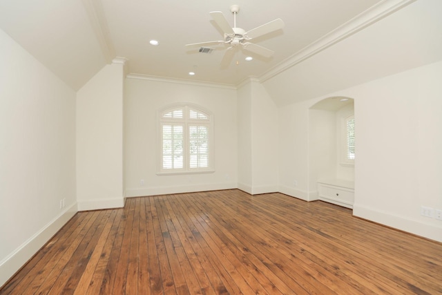 764 Kuhlman Rd, Hunters Creek Village, TX 77024 - empty room featuring crown molding, plenty of natural light, hardwood / wood-style floors, ceiling fan, and arched walkways