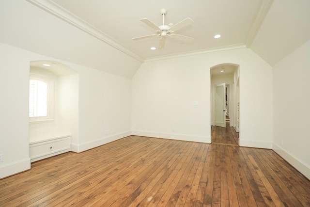 764 Kuhlman Rd, Hunters Creek Village, TX 77024 - bonus room featuring arched walkways, wood-type flooring, ceiling fan, recessed lighting, and lofted ceiling