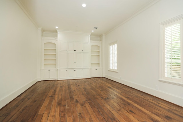 764 Kuhlman Rd, Hunters Creek Village, TX 77024 - unfurnished room featuring dark wood-type flooring, crown molding, built in shelves, and recessed lighting