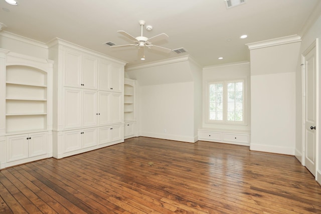 764 Kuhlman Rd, Hunters Creek Village, TX 77024 - unfurnished bedroom with crown molding, dark wood-type flooring, recessed lighting, and ceiling fan