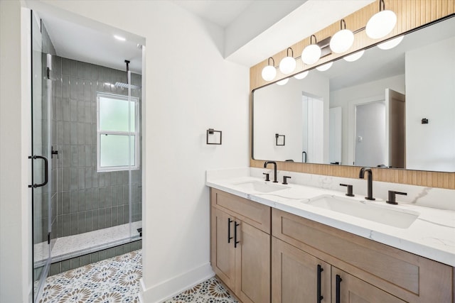 52 Indian Clover, The Woodlands, TX 77381 - full bathroom with double vanity, a stall shower, and tile patterned floors