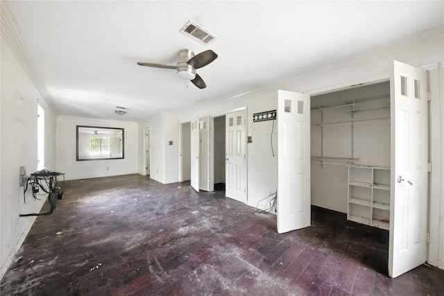 3819 Galway Ln, Houston, TX 77080 - unfurnished bedroom with crown molding, a ceiling fan, and multiple closets