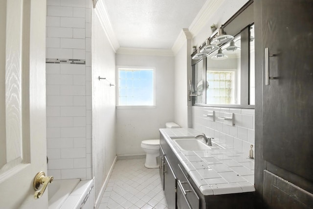 3819 Galway Ln, Houston, TX 77080 - full bath with crown molding, vanity, tile patterned flooring, washtub / shower combination, and a textured ceiling