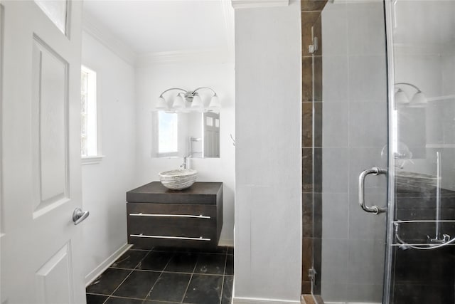 3819 Galway Ln, Houston, TX 77080 - full bathroom with vanity, a shower stall, crown molding, and tile patterned flooring
