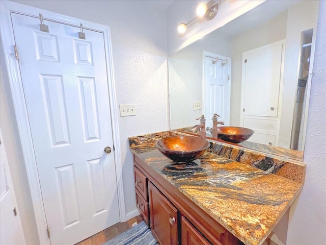 6305 Westward St Unit 106, Houston, TX 77081 - bathroom with vanity, wood finished floors, and a textured wall