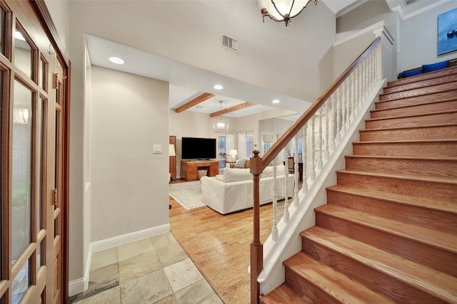 10 Featherfall Pl, Spring, TX 77381 - entryway featuring stairway, stone tile flooring, a chandelier, and recessed lighting