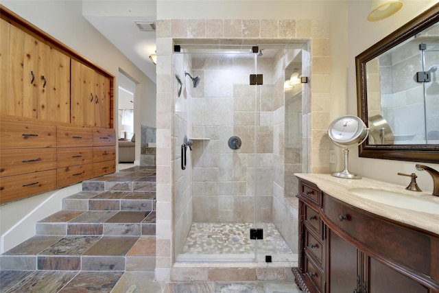 10 Featherfall Pl, Spring, TX 77381 - full bath with vanity, a stall shower, and stone finish flooring