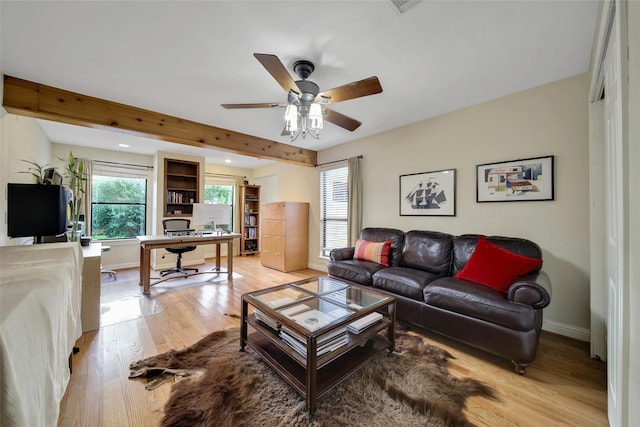10 Featherfall Pl, Spring, TX 77381 - living room featuring an office area, light wood finished floors, a ceiling fan, beam ceiling, and recessed lighting