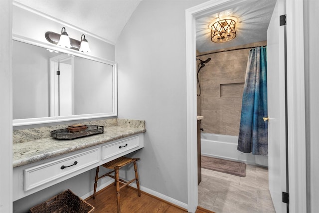 5934 Foresthaven Dr, Houston, TX 77066 - bathroom with shower / bath combo, vanity, and wood finished floors