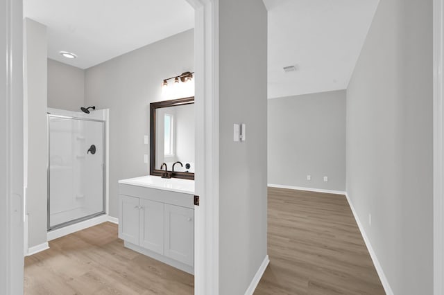 23911 Pinecreek Pt, Spring, TX 77373 - bathroom with a shower stall, vanity, and wood finished floors