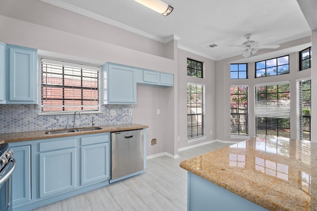 4303 Appalachian Trl, Houston, TX 77345 - kitchen with ceiling fan, stainless steel appliances, tasteful backsplash, crown molding, and blue cabinets