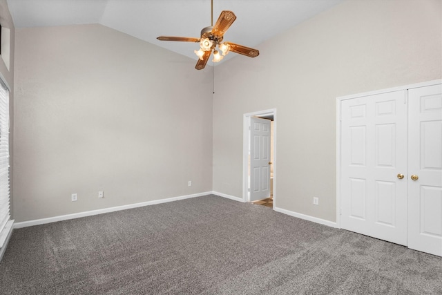 4303 Appalachian Trl, Houston, TX 77345 - unfurnished bedroom featuring carpet floors, a closet, ceiling fan, and high vaulted ceiling