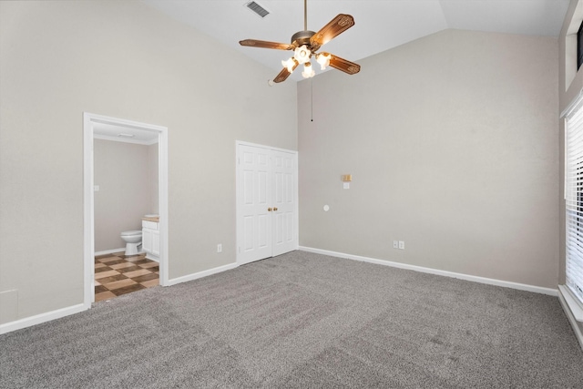 4303 Appalachian Trl, Houston, TX 77345 - unfurnished bedroom featuring carpet floors, high vaulted ceiling, ensuite bath, a ceiling fan, and a closet