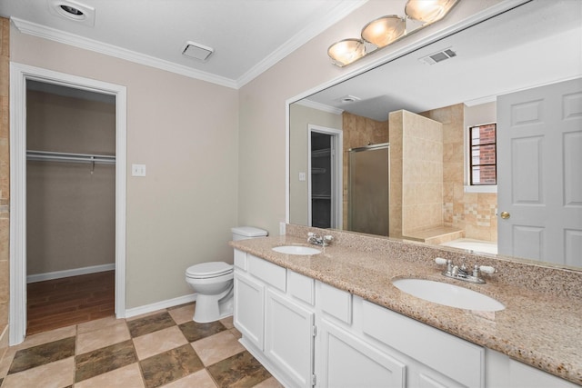 4303 Appalachian Trl, Houston, TX 77345 - full bathroom featuring a stall shower, a walk in closet, double vanity, and ornamental molding