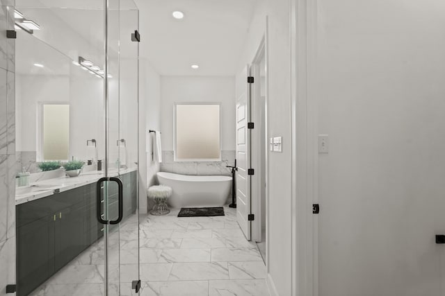 9426 Campbell Rd Unit B, Houston, TX 77080 - full bath featuring vanity, marble finish floors, a freestanding bath, tile walls, and a stall shower
