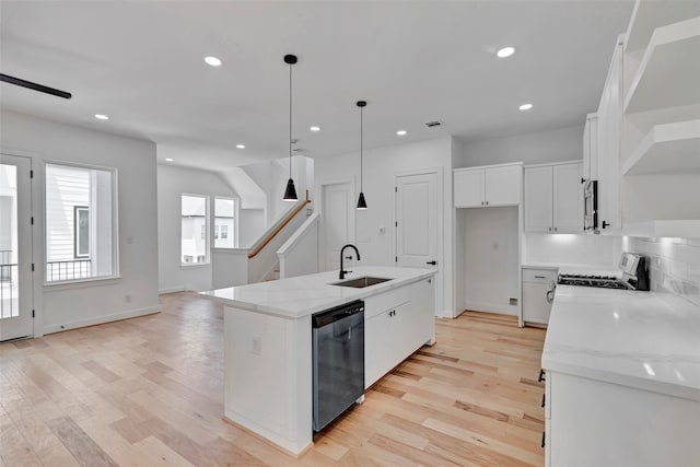 9426 Campbell Rd Unit B, Houston, TX 77080 - kitchen with open shelves, light wood-style flooring, white cabinets, dishwasher, and recessed lighting