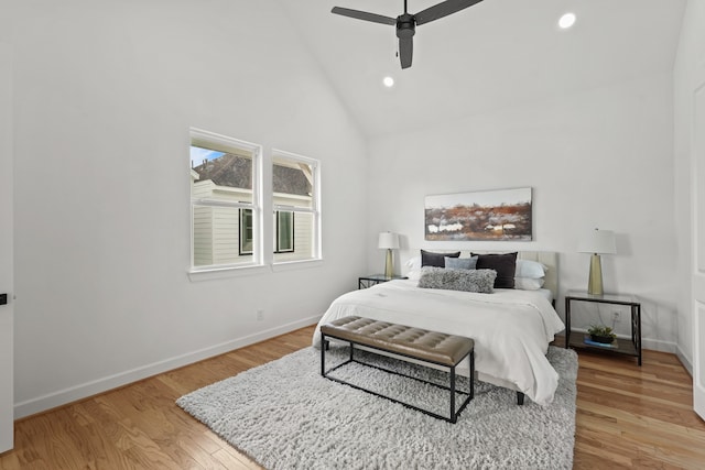 9426 Campbell Rd Unit B, Houston, TX 77080 - bedroom featuring light wood-style floors, recessed lighting, high vaulted ceiling, and ceiling fan