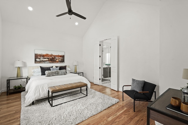 9426 Campbell Rd Unit B, Houston, TX 77080 - bedroom with high vaulted ceiling, light wood-type flooring, recessed lighting, and a ceiling fan