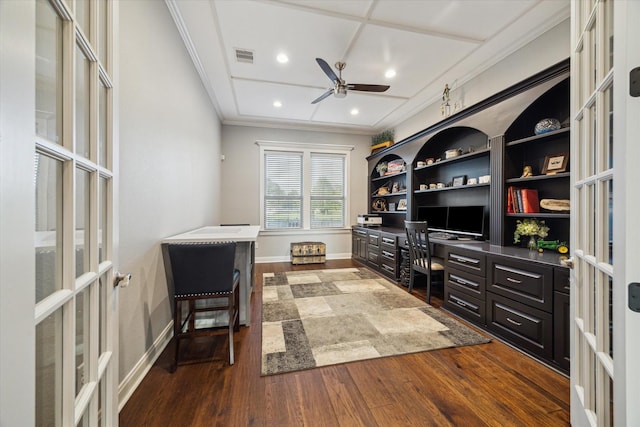 3848 S Main St, Anahuac, TX 77514 - office space with dark wood-style flooring, ceiling fan, built in desk, recessed lighting, and crown molding