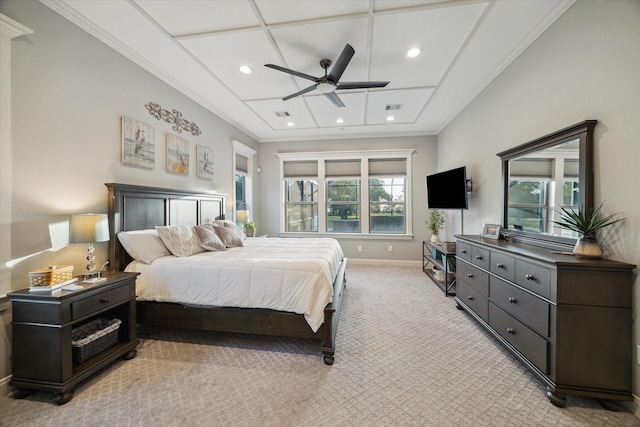 3848 S Main St, Anahuac, TX 77514 - bedroom featuring coffered ceiling, recessed lighting, crown molding, light colored carpet, and a ceiling fan