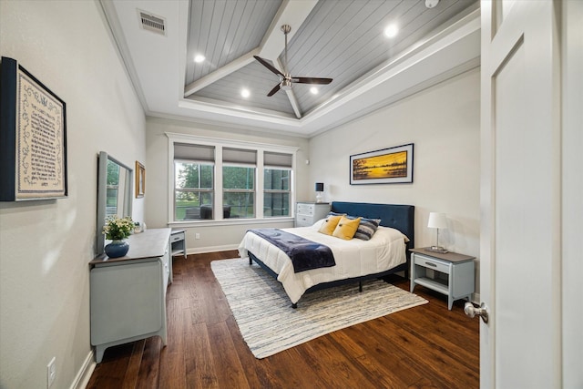 3848 S Main St, Anahuac, TX 77514 - bedroom with ornamental molding, a raised ceiling, dark wood-type flooring, recessed lighting, and ceiling fan