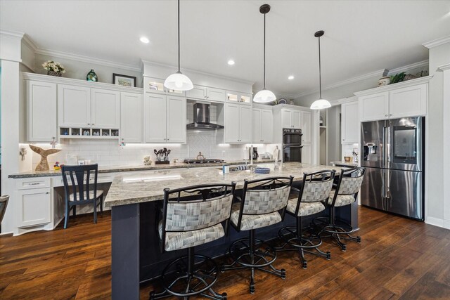 3848 S Main St, Anahuac, TX 77514 - kitchen with stainless steel fridge with ice dispenser, decorative backsplash, white cabinetry, dark wood finished floors, and ornamental molding