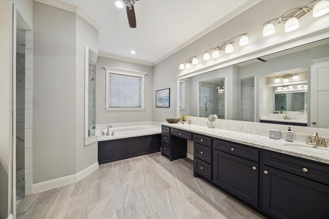3848 S Main St, Anahuac, TX 77514 - bathroom with ceiling fan, a tile shower, a garden tub, ornamental molding, and double vanity