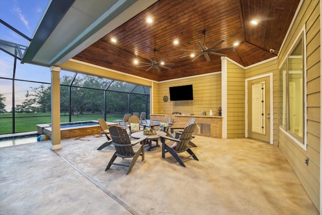 3848 S Main St, Anahuac, TX 77514 - view of patio / terrace featuring area for grilling, glass enclosure, a pool with connected hot tub, and a ceiling fan
